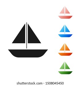Black Yacht sailboat or sailing ship icon isolated on white background. Sail boat marine cruise travel. Set icons colorful. Vector Illustration