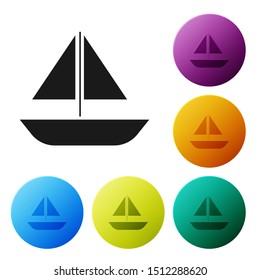 Black Yacht sailboat or sailing ship icon isolated on white background. Sail boat marine cruise travel. Set icons colorful circle buttons. Vector Illustration