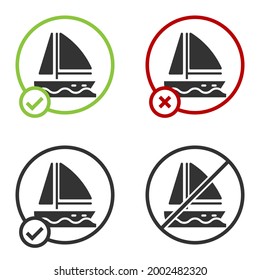 Black Yacht sailboat or sailing ship icon isolated on white background. Sail boat marine cruise travel. Circle button. Vector