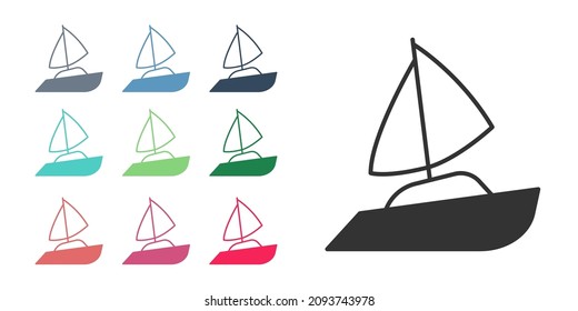 Black Yacht sailboat or sailing ship icon isolated on white background. Sail boat marine cruise travel. Set icons colorful. Vector