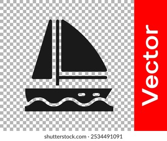 Icono negro del velero del yate o del barco de vela aislado en fondo transparente. Viaje de crucero marino de velero.  Vector