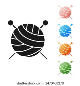 Black Yarn ball with knitting needles icon isolated on white background. Label for hand made, knitting or tailor shop. Set icons colorful. Vector Illustration