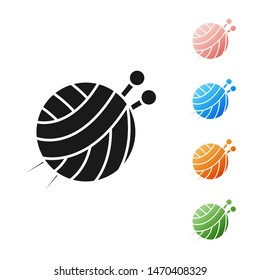 Black Yarn ball with knitting needles icon isolated on white background. Label for hand made, knitting or tailor shop. Set icons colorful. Vector Illustration