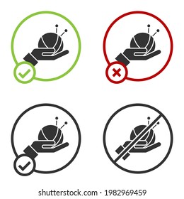 Black Yarn ball with knitting needles icon isolated on white background. Label for hand made, knitting or tailor shop. Circle button. Vector