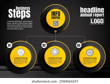 Black and yellow 3 step infographic template in circular design, suitable for business presentations, workflows, and timelines, elegant vector illustration, not created by AI