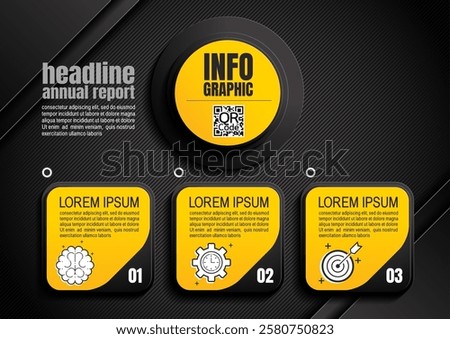 Black yellow 3 step infographic layout for presenting, timelines and workflow, business reports with easy to read design elements and icons, vector illustration, Not AI-Generated.