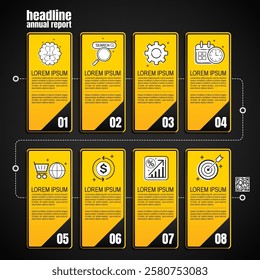Black yellow 8 step infographic layout for presenting, timelines and workflow, business reports with easy to read design elements and icons, vector illustration, Not AI-Generated.
