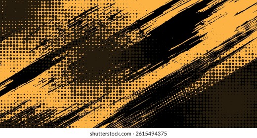 Black and yellow abstract background with brush stroke and halftone style. abstract grunge