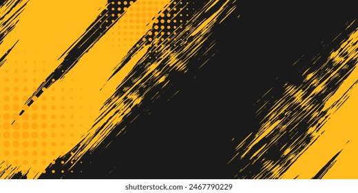 Fondo abstracto negro y amarillo con pincelada y estilo de semitonos.