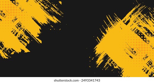 Black and yellow abstract background with brushstroke and halftone style.