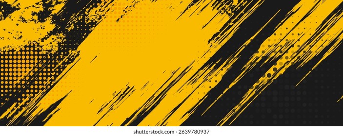 Black and yellow abstract background with brushstroke and halftone style.