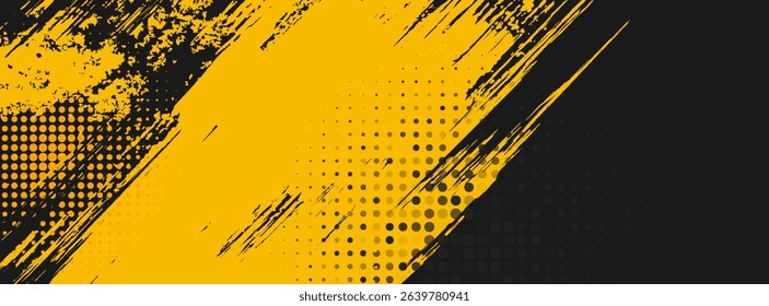 Black and yellow abstract background with brushstroke and halftone style.