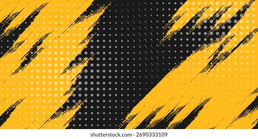 Fondo abstracto negro y amarillo con pincelada y estilo semitono.