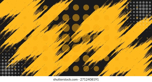Black and yellow abstract background with brushstroke and halftone style.
