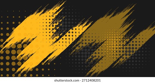 Black and yellow abstract background with brushstroke and halftone style.
