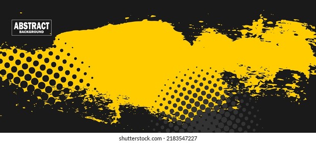 Black and yellow abstract background with grunge brushstroke and halftone style. Vector illustration