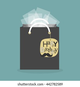 black and yellow abstract gift bag and tissue papers with hanging happy birthday tag icon on teal background