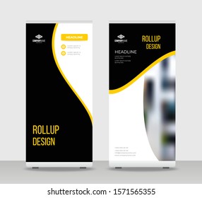 Black yellow Abstract Shapes Modern Exhibition Advertising Trend Business Roll Up Banner Stand Poster Brochure flat design template creative concept. White background Roll Up EPS. Presentation Cover