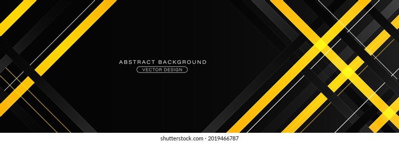 Diseño de banner horizontal con franjas abstractas de color negro y amarillo. El concepto de tecnología empresarial moderna a rayas. Elemento geométrico diagonal simple y simple a la moda que se solapa con elementos geométricos amarillo y negro. Demanda para portada, afiche, volante