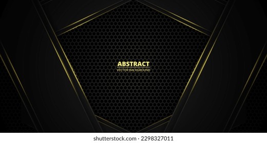 Black and yellow abstract vector background with hexagon carbon fiber. Technology background with honeycomb grid and yellow luminous lines. Futuristic luxury modern backdrop.