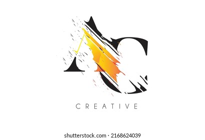 Black and Yellow AC Letter Logo with Vintage Grundge Cut Design. Destroyed Drawing Elegant Letter Icon Vector. 
