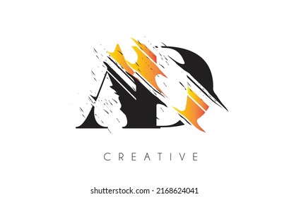 Black and Yellow AD Letter Logo with Vintage Grundge Cut Design. Destroyed Drawing Elegant Letter Icon Vector. 