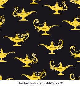 Black   yellow aladdin lamps seamless pattern  Vector illustration