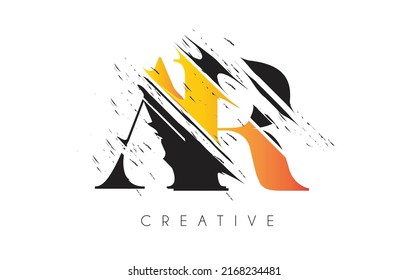 Black and Yellow AR Letter Logo with Vintage Grundge Cut Design. Destroyed Drawing Elegant Letter Icon Vector. 