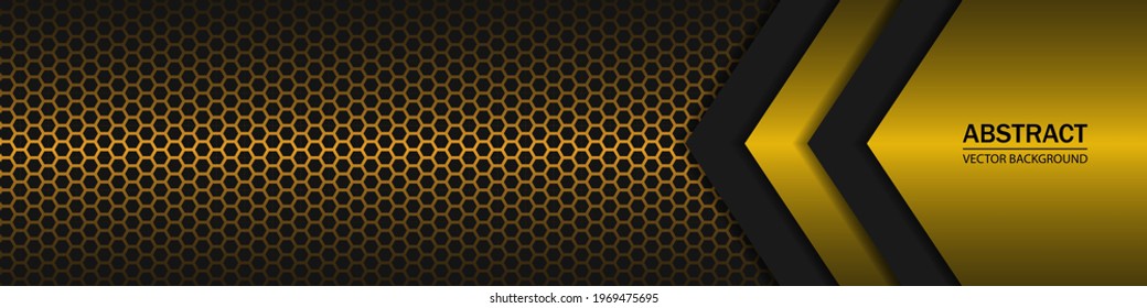 Black and yellow arrow shapes on a gold hexagonal carbon fiber texture. Geometric shapes on a hexagonal gold grid. svg