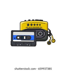 Black and yellow audio player and audiotape from 90s, sketch vector illustration isolated on white background. Front view of audio player with audio cassette and ear buds, earphones