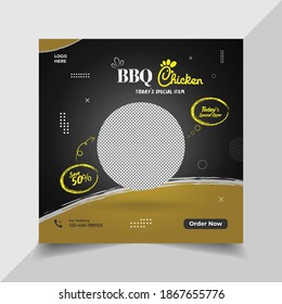 Borde amarillo negro hamburguesa de pollo, comida rápida o restaurante banner en medios sociales para promoción y publicidad