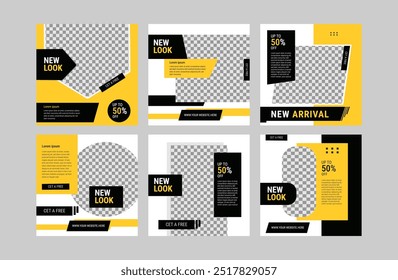 Black and yellow background color with stripe line shape, Set of Social Media Post, fashion sale social media post and Instagram post template. Unbelievable Fashion Sale! Trendy Styles at Up to 50% Of