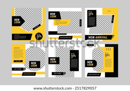 Black and yellow background color with stripe line shape, Set of Social Media Post, fashion sale social media post and Instagram post template. Unbelievable Fashion Sale! Trendy Styles at Up to 50% Of
