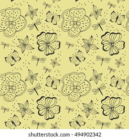 Black and yellow background. Seamless pattern with flowers, butterfly and dragonfly. Vector illustration.