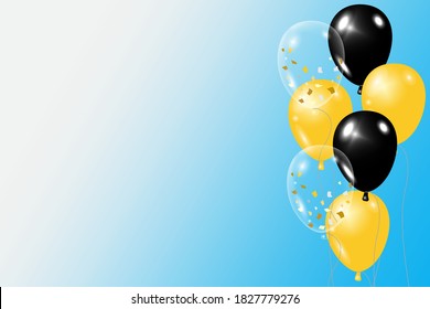 Black and yellow balloons blue background. Vector line. Realistic alphabet on blue backdrop. Party background. 