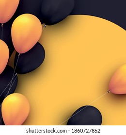 Black and yellow balloons with threads on yellow and black background. Space for text. Vector festive illustration.