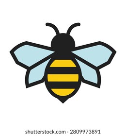 A black and yellow bee with blue wings on a white background, a simple insect illustration