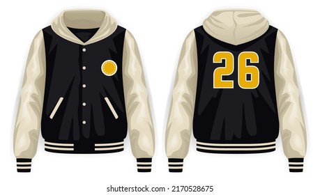 Black, Yellow And Beige Varsity Jacket With Hoodie Front And Back View, Vector Mockup Illustration