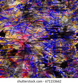 Black, yellow, blue, red, grey colors. Triangles, strokes. Colored background. Seamless pattern for fabric, wrapping, home decor. 