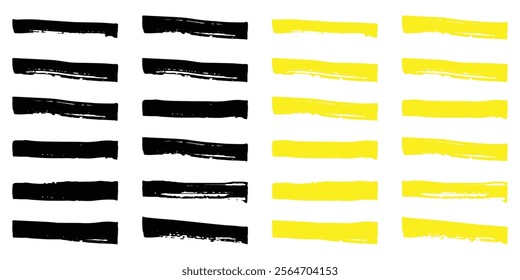 Black and yellow brush strokes on white background. Text box set. Paintbrush collection. Grunge design elements illustration.