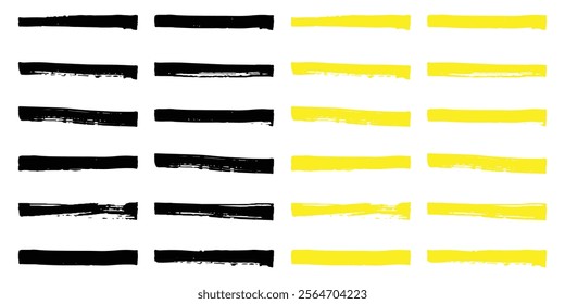 Black and yellow brush strokes on white background. Text box set. Paintbrush collection. Grunge design elements illustration.