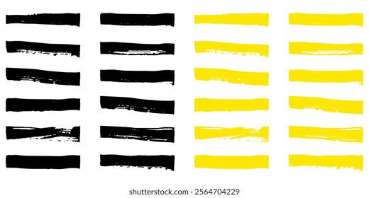 Black and yellow brush strokes on white background. Text box set. Paintbrush collection. Grunge design elements illustration.