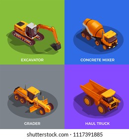 Black yellow building vehicles for ground work and transportation of materials isometric design concept isolated vector illustration