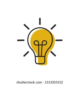 Black and Yellow Bulb light vector icon, bulb light icon. Energy and idea symbol, idea sign, solution. Lighting Electric lamp vector illustration.  Electricity, shine. White isolated