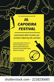 Black and yellow capoeira event banner, poster, background. Vector illustration template print for capoeira festivals and trainings with music instruments and capoeira movements.