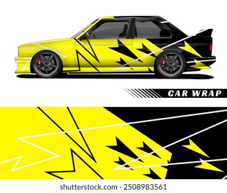 Black and yellow car wrap design with white accents. Suitable for vibrant vehicle branding projects and eye catching promotional materials.