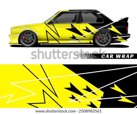 Black and yellow car wrap design with white accents. Suitable for vibrant vehicle branding projects and eye catching promotional materials.