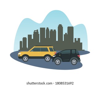 black and yellow cars in front of city buildings design, Vehicle automobile auto and transportation theme Vector illustration