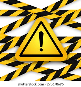 Black and yellow caution striped tapes with yellow hazard warning attention sign. Vector illustration. 
