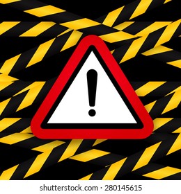 Black and yellow caution striped tapes with red hazard warning attention sign on black background. Vector illustration.
